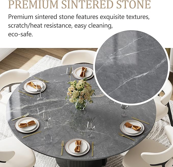 59" Modern Round Dining Table for 6, Gray Sintered Stone Dining Room Table with Black Fluted Metal Pedestal, Easy Assembled Circle Kitchen Table for Home, (Table Only)