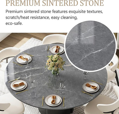 59" Modern Round Dining Table for 6, Gray Sintered Stone Dining Room Table with Black Fluted Metal Pedestal, Easy Assembled Circle Kitchen Table for Home, (Table Only)