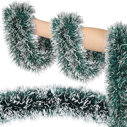 Lush Christmas Tinsel Garland, Dark Green & White Radiant Metallic Twist Streamers for Holiday Decor, Plush & Full Xmas Tree Garland for an Elegant Festive Atmosphere, Indoor & Outdoor Party Supplies