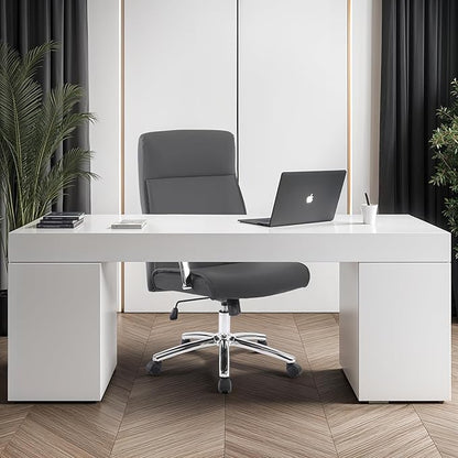 Mid-Back Ergonomic Leather Office Chair, Modern Upholstered Executive Desk Chair with Gold Frame Armrest Computer Task Chair (Slate Gray)