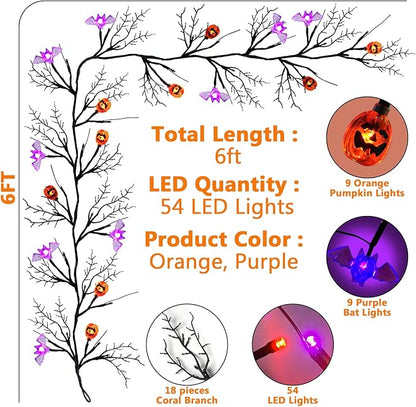 6 Ft 54 LED Halloween Willow Vine Twig Decor Garland with 8 Modes Timer 9 Pumpkins 9 Bats Waterproof Battery Operated Scary Halloween Decorations for Home Wall Mantle Fireplace Decor
