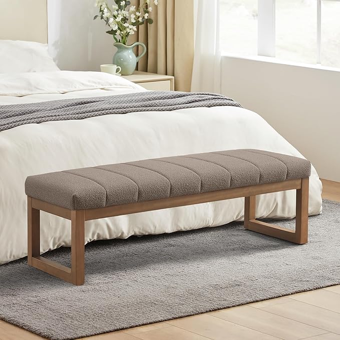 52.7" Bedroom Bench for End of Bed, Modern Upholstered Teddy Fabric Entryway Bench & Dining Bench, Footrest Stool Bench with Solid Wood Frame for Bedroom, Living Room (Dark Brown)