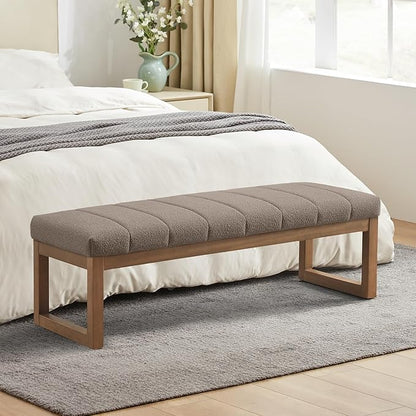 52.7" Bedroom Bench for End of Bed, Modern Upholstered Teddy Fabric Entryway Bench & Dining Bench, Footrest Stool Bench with Solid Wood Frame for Bedroom, Living Room (Dark Brown)