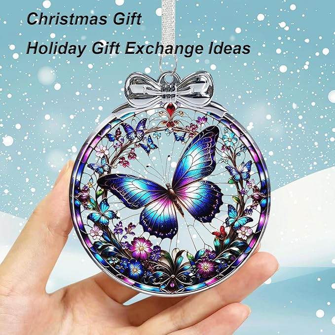 Butterfly Christmas Ornament Stained Glass Butterfly Decorations - Hanging Ornaments for Christmas Tree Xmas Decorations, Holiday Keepsake Present Exchange Ideas