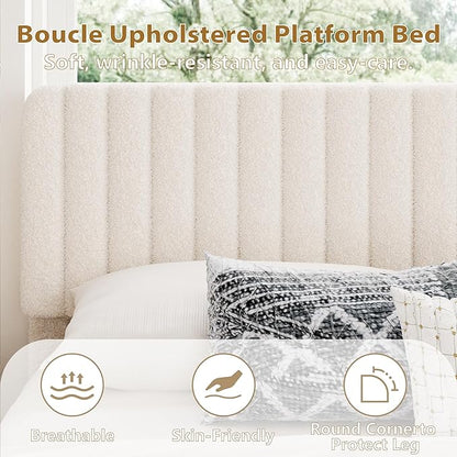Queen Size Boucle Bed Frame, Upholstered Cloud Platform Bed Frame with Adjustable Headboard, Vertical Tufted, Soft Rounded Corners, No Box Spring Needed, Noise Free Design, Easy Assembly, Beige