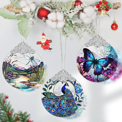 Peacock Stained Glass Ornament - Christmas Tree Decor, Peacock Ornaments for Holiday Gifts
