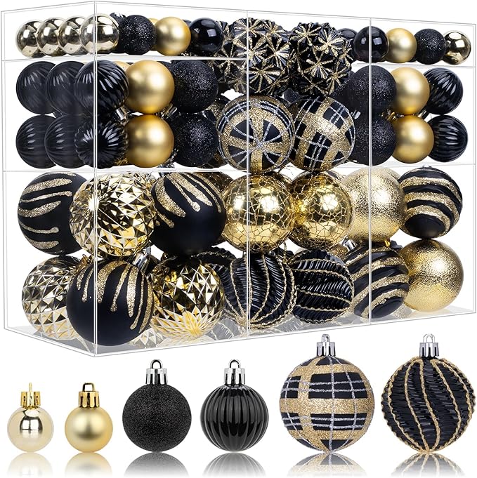 100ct Christmas Ball Ornaments Set, Black and Gold Shatterproof Hand-Painted Hanging Baubles Decoration Bulk for Xmas Tree, Wreath, Garland, Home Holiday Decor