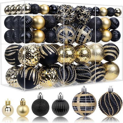 100ct Christmas Ball Ornaments Set, Black and Gold Shatterproof Hand-Painted Hanging Baubles Decoration Bulk for Xmas Tree, Wreath, Garland, Home Holiday Decor