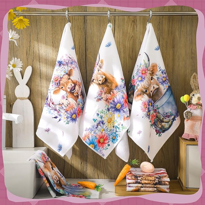 Oudain Highland Cattle Farmhouse Kitchen Towels Set of 6 Absorbent Dish Towels 24x16 Sunflower Floral Farmhouse