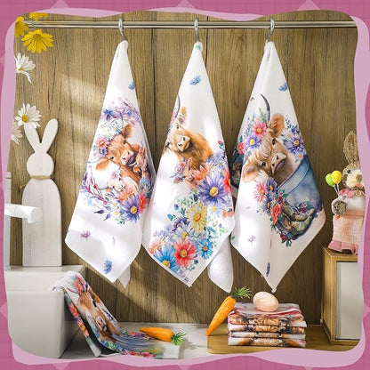 Oudain Highland Cattle Farmhouse Kitchen Towels Set of 6 Absorbent Dish Towels 24x16 Sunflower Floral Farmhouse