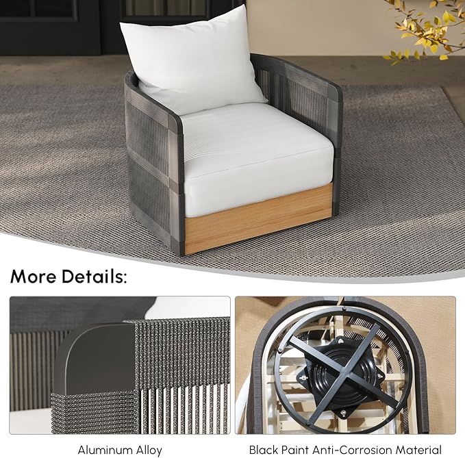 homary Rattan 360° Swivel Chair, Outdoor Chair Wicker Furniture with Thickened Cushions and Aluminum Frame for Garden, Balcony, Indoor, Black and Gray