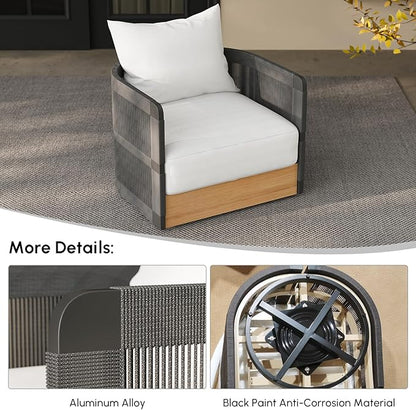 homary Rattan 360° Swivel Chair, Outdoor Chair Wicker Furniture with Thickened Cushions and Aluminum Frame for Garden, Balcony, Indoor, Black and Gray