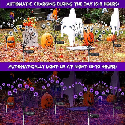 4 Pack Halloween Decorations Outdoor Waterproof, 24 LED Purple Solar Eyeball Lights, Swaying Firefly Light (Slow Glow or Steady on), for Garden Grave Yard Lawn Haunted House Decor