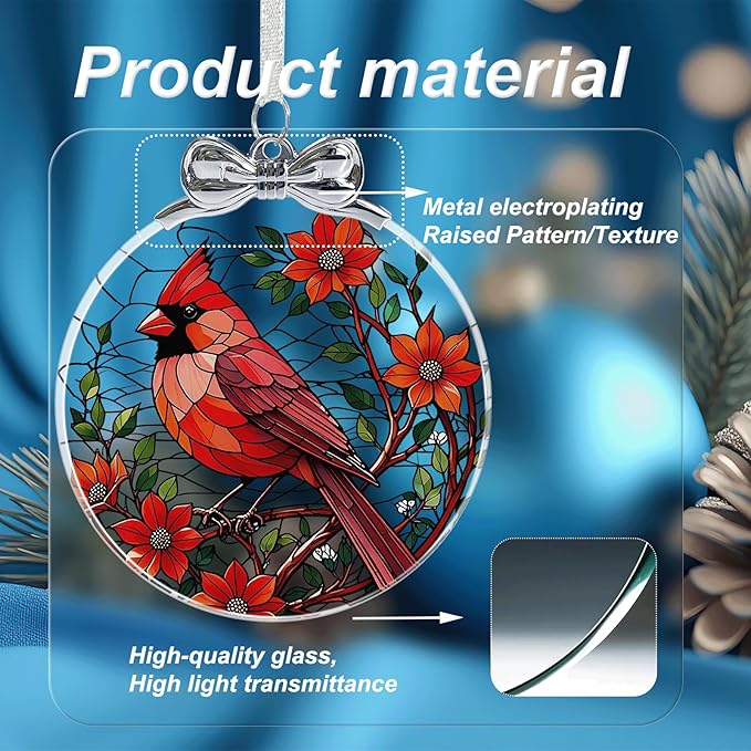 Cardinal Christmas Ornament Crystal Glass for Christmas Tree Décor - Red Cardinal Memorial Gifts - Hanging Ornament Crystal Glass Holiday Keepsake Present Idea