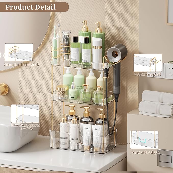 3 Tier Bathroom Organizer Countertop Makeup Perfume Skincare Organizer Comes with Hair Dryer Rack and Toothbrush Holder for Bathroom Dresser Vanity (White)
