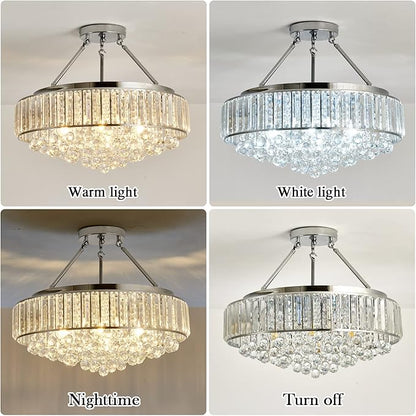 YYJLX 6 Light Modern Large Round Crystal Chandelier Chrome Semi Flush Mount Ceiling Light Fixtures E26 Ceiling Lamp for Dining Room Living Room Laundry Room Foyer Kitchen Balcony Bedroom(Silver).