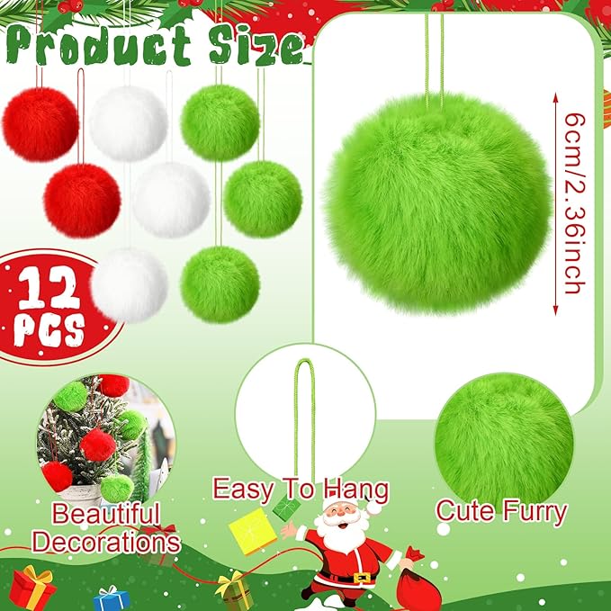 Gejoy 12 Pcs Furry Christmas Ball Ornaments for Xmas Tree Red Green White Christmas Hanging Decorations Soft Faux Fur Pom Pom Ball Ornaments for Party Supplies Fireplace Mantel Home Wall Decor
