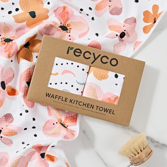 RECYCO Waffle Kitchen Towels Set of 2 Quick Dry Microfiber Sustainable Lightweight Hand Towels Blossom Breeze 16x28