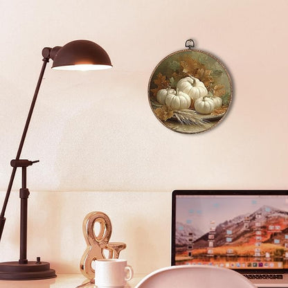 Hxlac Vintage Fall Pumpkin Maple Leaves Round Wall Art Framed, Vintage Autumn Pumpkin Round Wall Decor, Fall Halloween Hanging Canvas Prints Wall Sculptures for Farmhouse Home Decor, 10x10 Inch