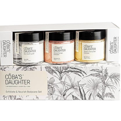 COBA’S DAUGHTER Christmas Gift for Women - 3-Piece Spa Gift Set with Honey Turmeric Scrub, Almond Orange Scrub & Aloe Vera Gel - Perfect Birthday Gift, Self-Care Spa Gift Box, Travel Size Beauty Set