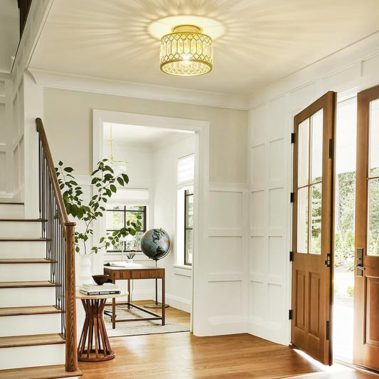 Crystal Ceiling Light, Modern Semi Flush Mount Ceiling Light, Gold Crystal for Kitchen Bedroom Bathroom Entryway (Bulb not Included)