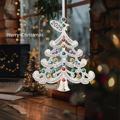 2025 Metal Christmas Tree Ornament Decorations 5" with Colorful Crystals & 2025 Dated Engraved for Keepsake Gifts Holiday Home Party Decor