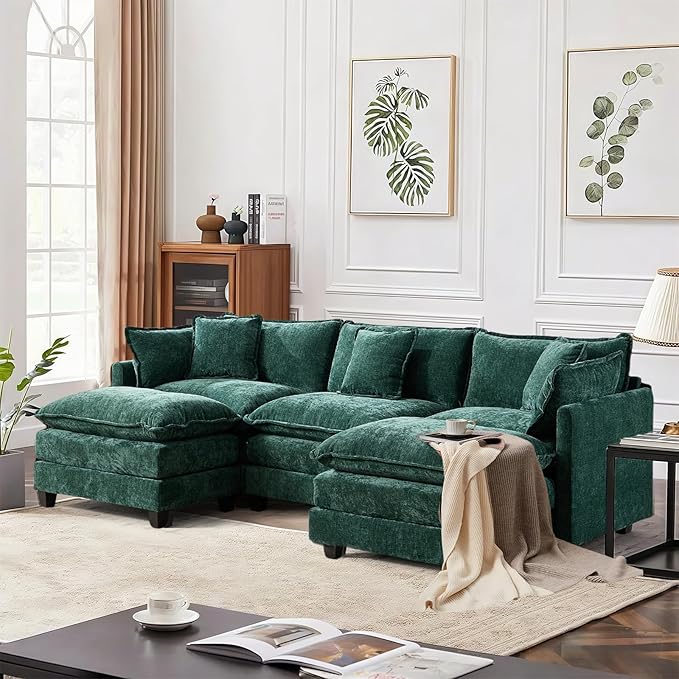SoarFlash 107.4" Chenille Sectional Sofa, Comfy U Shaped Modular Coush Sofa with Ottoman, Modern 4 Seat Couch Deep Seat Sofa Set for Living Room,Green