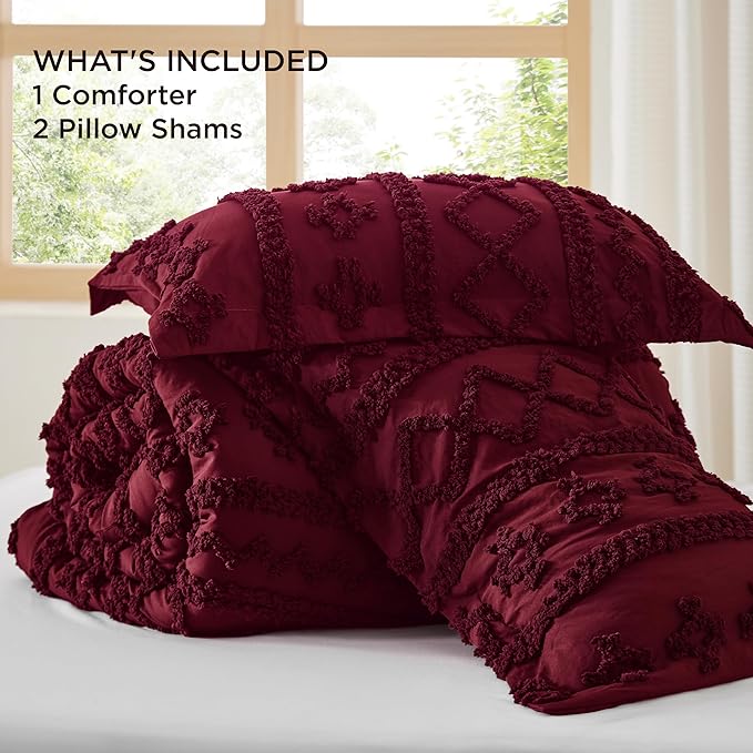Bedsure Tufted Boho Comforter Set Queen Size - Dark Red Boho Bed Set, GentleSoft™ 3 Pieces Farmhouse Shabby Chic Embroidery Bedding, Gifts for Woman, Soft Jacquard Queen Comforter for All Seasons
