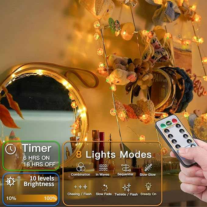 suddus 3D Pumpkin String Lights, 12.8ft 40 LED Fall Fairy Lights Battery Operated with Remote& 8 Modes & Timer, Waterproof Orange Lights for Indoor Outdoor Home, Party, Harvest Thanksgiving Décor