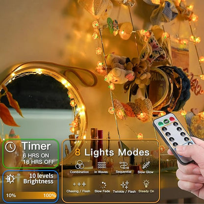 suddus 3D Pumpkin String Lights, 12.8ft 40 LED Fall Fairy Lights Battery Operated with Remote& 8 Modes & Timer, Waterproof Orange Lights for Indoor Outdoor Home, Party, Harvest Thanksgiving Décor