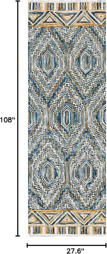 SAFAVIEH Aspen Collection Runner Rug - 2'3" x 9', Blue & Gold, Handmade Boho Wool, Ideal for High Traffic Areas in Living Room, Bedroom (APN822M)