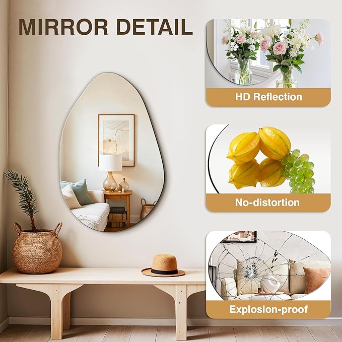 FICTOR Irregular Asymmetrical Wall Mirror, 32" x 21" Modern Decorative Mirror for Entryway, Bathroom, Bedroom, Living Room, Dining Room