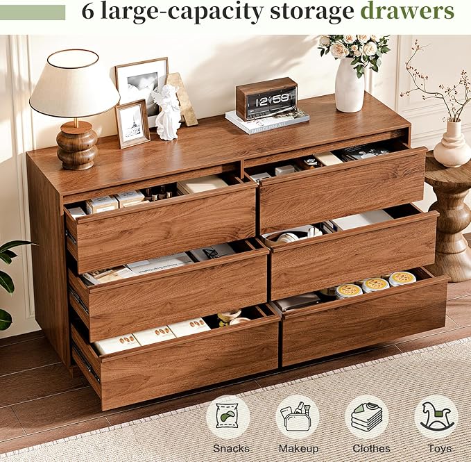 55.12" Modern Chest of Drawer, 6 Deep Drawers,Clothes Organizer,Large Storage Cabinet for Living Room, Bedroom,Dresser TV Stand, Wood Drawer Organizer for Living Room, Hallway, Brown