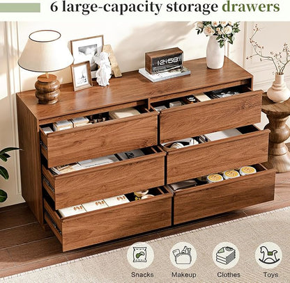 55.12" Modern Chest of Drawer, 6 Deep Drawers,Clothes Organizer,Large Storage Cabinet for Living Room, Bedroom,Dresser TV Stand, Wood Drawer Organizer for Living Room, Hallway, Brown