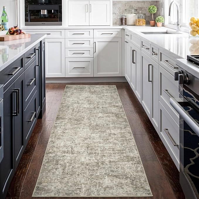 Runner Rug for Hallways Kitchen 2'6"x8' Washable Non Slip: Carpet Non Skid 8ft Entryway Rubber Backed 8 Feet Neutral Abstract Modern Rug Low Pile Pet Friendly Indoor Beige Brown