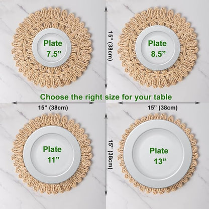 15" Set of 6 Round Corn Husk Placemats | Boho Woven Rattan Table Mats | Farmhouse Wicker Spring Plate Chargers Like Water Hyacinth, Seagrass Table Mats