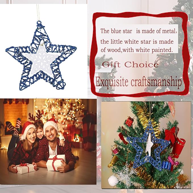 Set of 3 Star Christmas Hanging Ornaments, Glitter Star for Holiday Decorations, Winter Christmas Window Hanging - 6" Diameter (Blue)