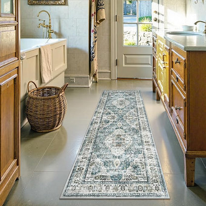 Uphome Bathroom Rugs Runner, Distressed Farmhouse Boho Blue Bath Mat, Non Slip Washable Long Bath Rugs, Vintage Traditonal Soft Velvet Bathroom Runner for Bathtub Sink Shower, 20x60 inch