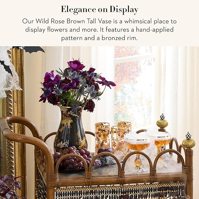 MACKENZIE-CHILDS Tall Enamel Vase, Unique Flower-Vase Decor for Living Room, Wild Rose Brown