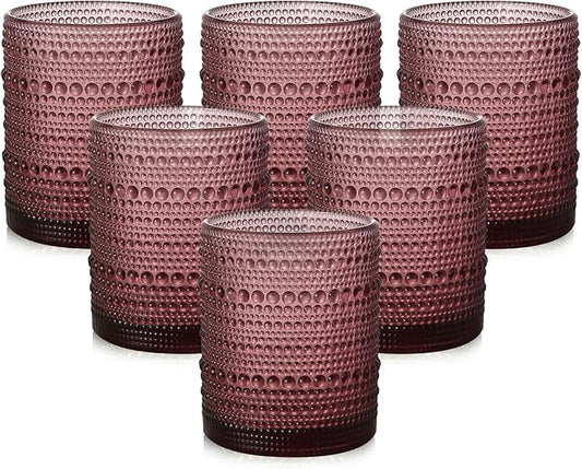 Vintage Glassware Drinking Glasses Set of 6,12 oz Hobnail Glass Cups,Embossed Purple Water Tumbler,for Beer,Cocktail,Whiskey,Juice and Various Mixed Drinks- 1 Cleaning Brush