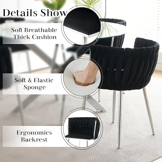 5 Pieces Round Glass Dining Table Set, 39'' Modern Luxury Circle Kitchen Set for 4, Clear Minimalist Circular Dinner Set with Black Woven Chairs Set, for Small Apartment Bedroom (Silver)