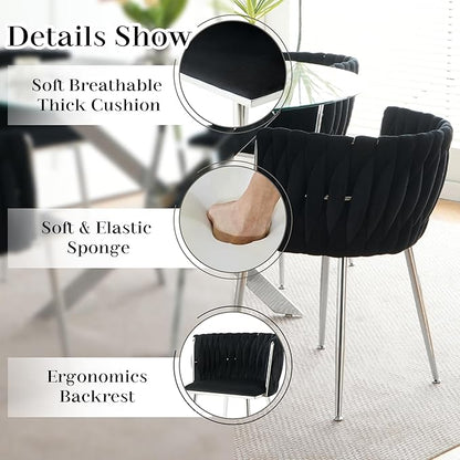 5 Pieces Round Glass Dining Table Set, 39'' Modern Luxury Circle Kitchen Set for 4, Clear Minimalist Circular Dinner Set with Black Woven Chairs Set, for Small Apartment Bedroom (Silver)