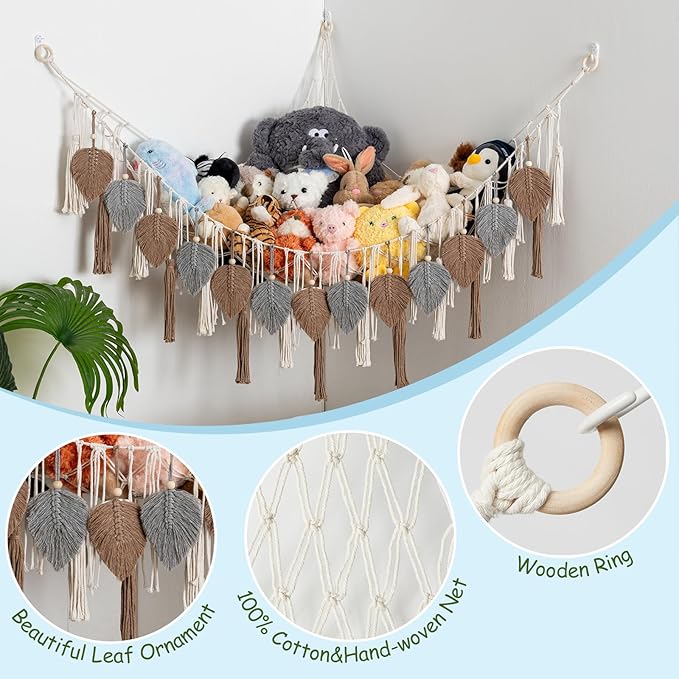 Pretty Jolly Stuffed Animal Storage with Hand Woven Leaf Tassels Hammock Corner Hanging Net Boho Macrame Plush Storage for Kid Room Nursery Decor Wall Display for Girls Gift(Gray&Coffee)