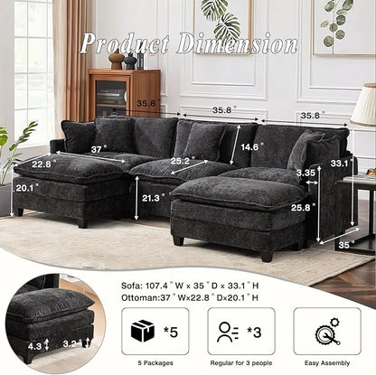 SoarFlash 107.4" Chenille Sectional Sofa, Comfy U Shaped Modular Coush Sofa with Ottoman, Modern 4 Seat Couch Deep Seat Sofa Set for Living Room,Black