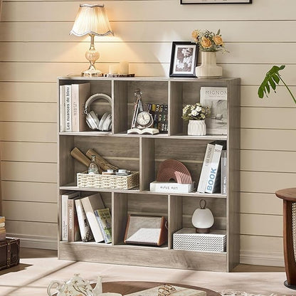 LEYAOYAO 8 Cube Bookshelf with Base,3 Tier Mid-Century Modern Grey Bookcase,Standing Wide Bookshelves Storage Organizer Shelf,Rustic Wood Display Cabinet Book Shelves for Bedroom,Living Room,Office