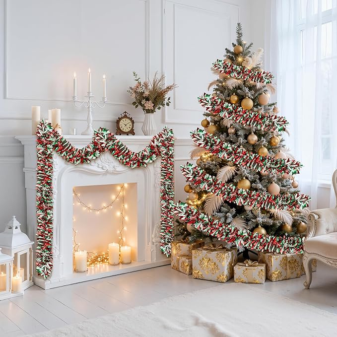 50FT Christmas Tinsel Garland, Red Green&White Metallic Twist Shiny Hanging Garland Ornaments for Christmas Tree, Party Supplies Thick Metallic Xmas Streamers