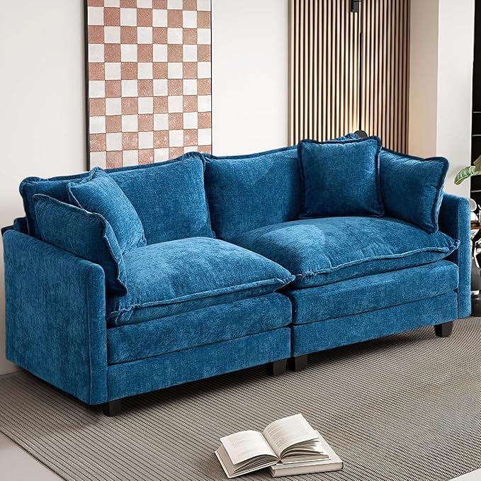 SoarFlash 71.6" Chenille Sectional Sofa, Comfy Modular Loveseat Sofa, Modern 2-Seat Couch Deep Seat Sofa Set for Living Room,Blue