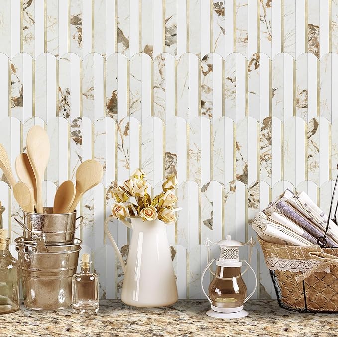 Vamos Tile Peel and Stick Backsplash Seamless Tile,10 Sheets Stick on Backsplash for Kitchen and Bathroom, 12''x12'' White Marble Look PVC Mixed Metal Gold Self Adhesive Fish Scale Mosaic Wall Tiles