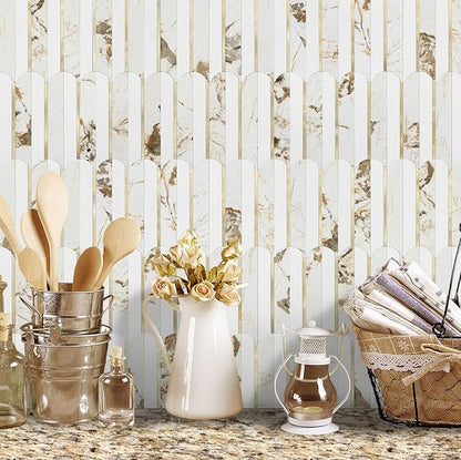Vamos Tile Peel and Stick Backsplash Seamless Tile,10 Sheets Stick on Backsplash for Kitchen and Bathroom, 12''x12'' White Marble Look PVC Mixed Metal Gold Self Adhesive Fish Scale Mosaic Wall Tiles