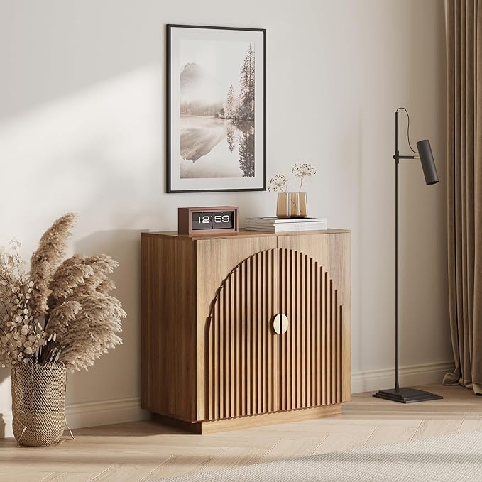 BELLEZE Modular Fluted Sideboard Buffet Cabinet with Storage, Mid-Century Modern Console Table with Symmetrical Arched Doors, Elegant Credenza for Dining Room, Kitchen, and Living Room, Caramel Brown